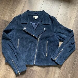 ON 34th Navy Suede Crop Jacket Asymmetrical Zipper Size Large L Woman’s